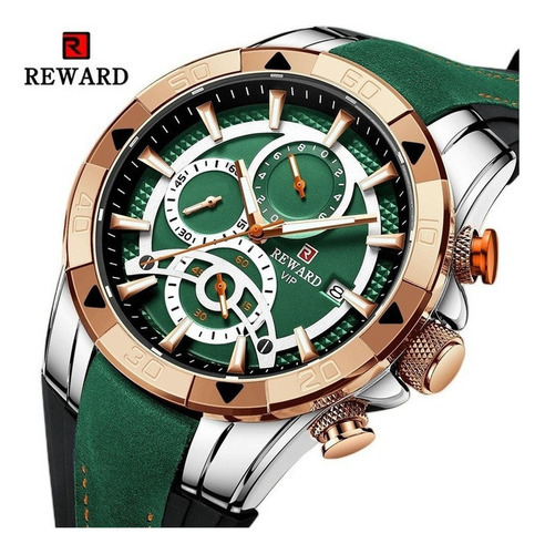 Relógios Cronógrafos Masculinos Reward Men Quartz Calendar Cor Do Bisel Rosé/green