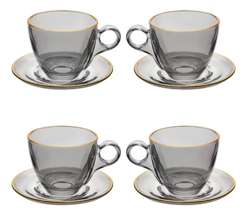 Conjunto De 4 Xícaras E Pires Cristal Matte Café Mesa Posta