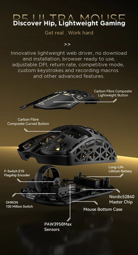 Ratón Gaming Attack Shark R5 Ultra De Fibra De Carbono Paw39