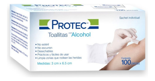 Toallitas Con Alcohol Protec 3x6.5 Cm Caja Con 100 Pzas.