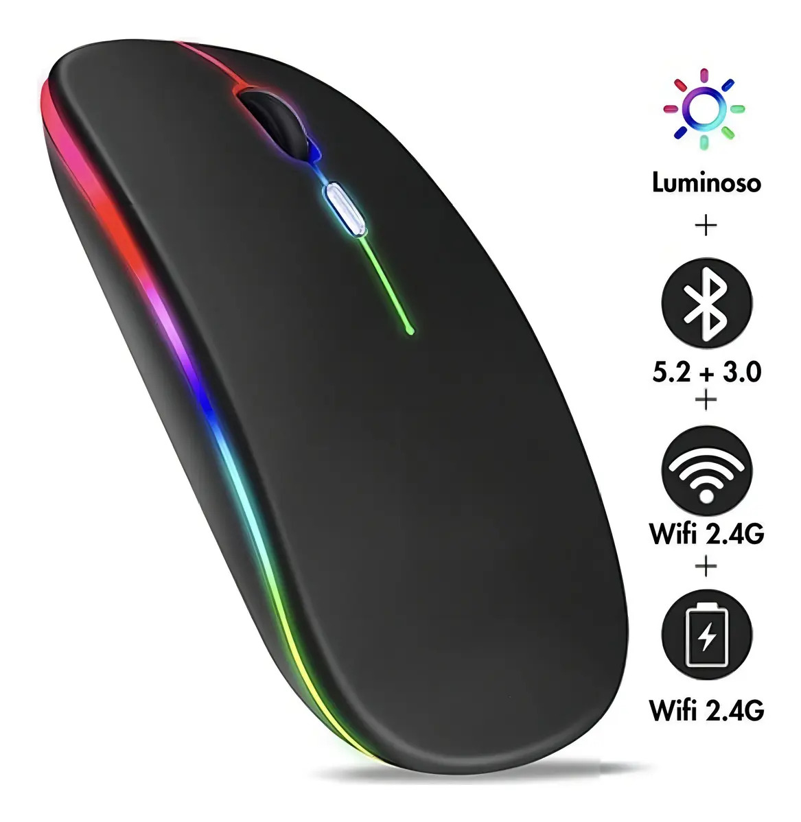 Mouse Óptico Sem Fio H'maston Recarregável Bluetooth RGB Preto