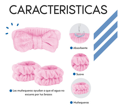 Diler Kit 5 Piezas Diadema Y Muñequeras Para Skincare Maquillaje Mascarilla Spa De Microfibra Moño Color Rosa