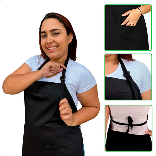 Avental Brim C/ Bolso Ajustador Garçom Uniforme Bar Chef Cor Preto Desenho Do Tecido Liso