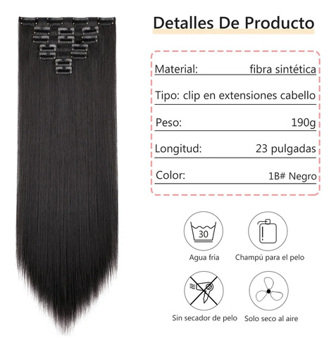 Extensiones De Cabello Con Clip, 7 Piezas, Cabeza Completa, Negro