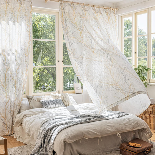 Cortinas De Lino Amarillo Estampado Árbol Gris 2 Paneles