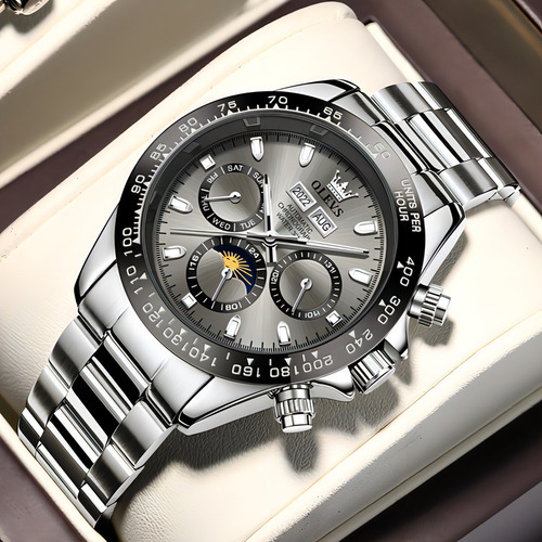 Reloj Automático Olevs 6654 Moon Phase Chronograph Color del fondo Gris