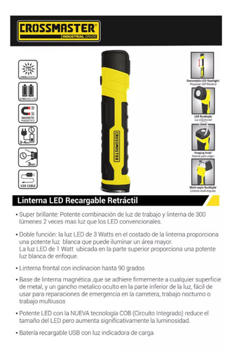 Imagen 3 de 3 de Linterna Led Recargable Retractil 3 W Crossmaster 9932728