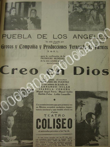 Cartel De Cine Coliseo De Puebla Estreno. Pelicula. Creo En