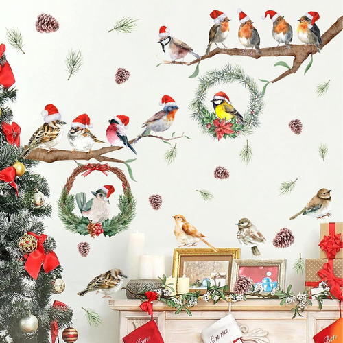 Calcomanías De Pared De Pájaros De Navidad, Ramas De Árbol D