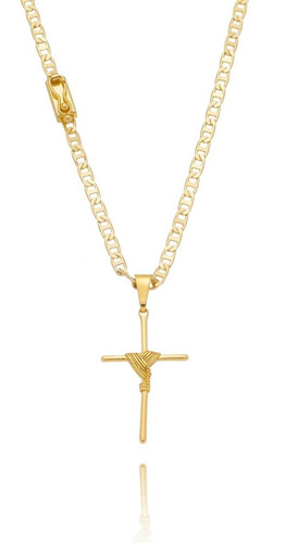 Imagem 1 de 3 de Corrente Masculina Cordão Piastrine Banhada Pingente Cruz