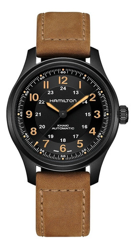 Reloj De Pulsera Hamilton Khaki Field Ha70665533 De Cuerpo Color Negro, Análoga, Para Hombre, Fondo Negro, Con Correa De Piel Color Marrón, Bisel Color Negro