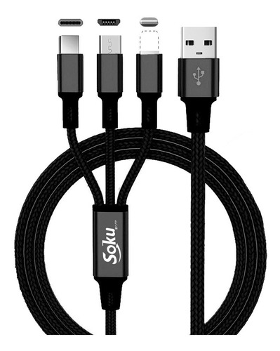 Cable Usb Tipo C/ Micro Usb/ 8 Pines 3 En 1 Datos Carga Color Negro