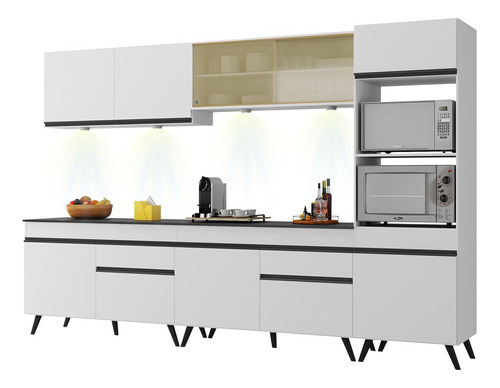 Armário Cozinha Compacta 302cm Veneza Up Multimóveis V2014 Cor Branco/Preto