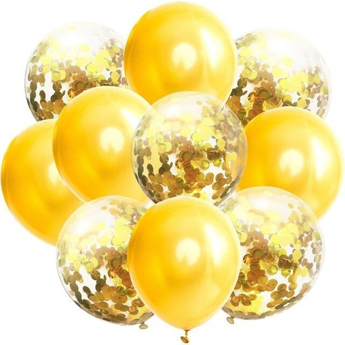 Set 10 Globos Dorados Cristal Latex Confetti Apto Helio