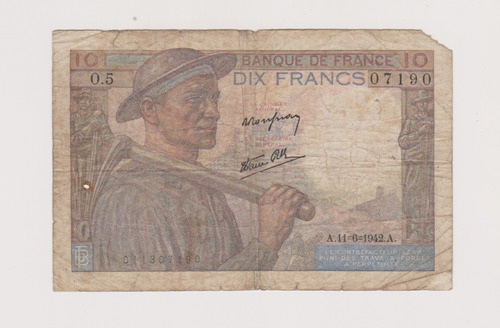 Billete De Francia 10 Francos Año 1942 Bueno Faltante