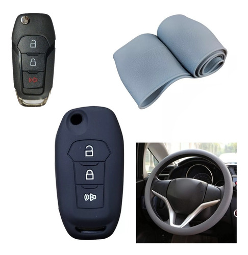 Cubre Volante + Funda Llave Silicona Ford Ka Nuev Negro Gris