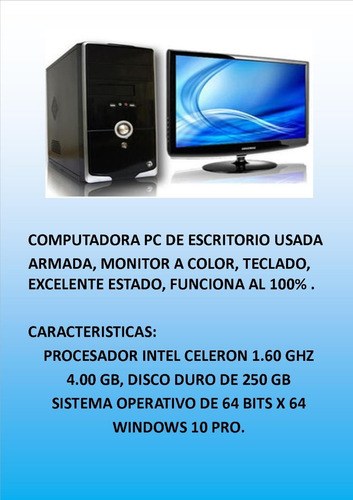 Computadora Pc Armada Con Monitor Teclado Mouse (Usado)