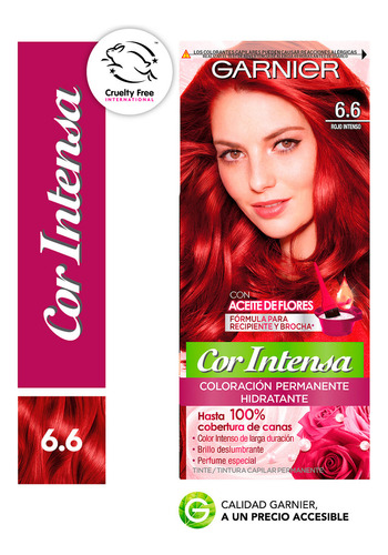 Kit Tintura, Oxidante Garnier  Cor intensa Kit Coloración Permnente Hidratante Garnier Cor Intensa tono 6.6 rojo intenso 20Vol. para cabello