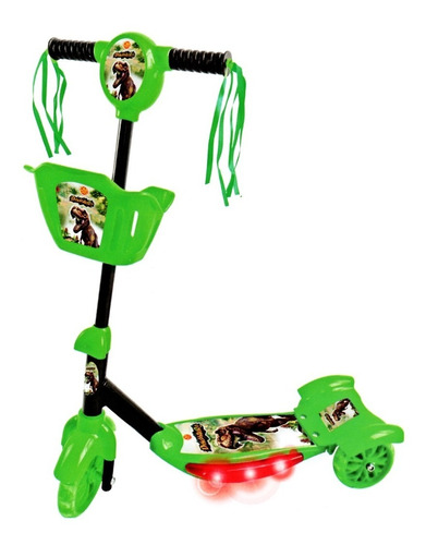 Patinete Infantil Musical Verde 3 Rodas Com Luzes Dinossauro