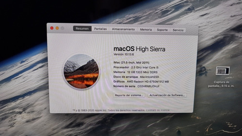 Imac 21.5 Apple Mid2011 2.5ghz Intel I5, 12gbram 250gbssd Plateado (Usado)