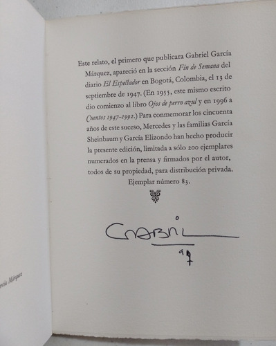 Gabriel García Márquez. La Tercera Resignación. Firmado (Usado)