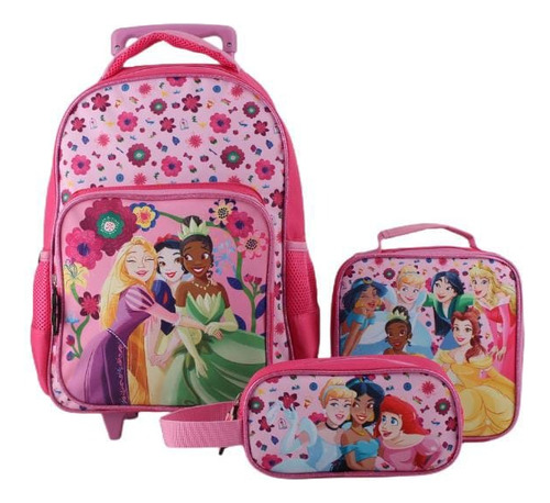 Mochila Con Ruedas Pack3 Lonchera + Estuche Princesas Disney