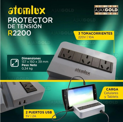 Estabilizador Protector Tension Atomlux R2200 Estacion Usb