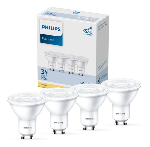 Pack 4 Ampolletas Led Philips Gu10 3.8w Luz Calida