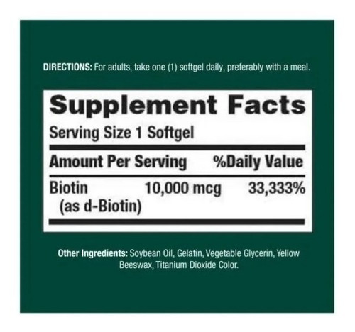 Imagen 4 de 4 de Nature's Bounty Biotina, 10000 Mcg, Suplemento Que Ayuda A Mantener El Cabello, La Piel Y Las Uñas Saludables, Y El Metabolismo Energético, Cápsulas Blandas De Liberación Rápida,