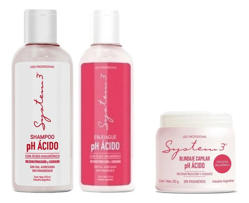 Kit System 3 Ph Acido Shampoo + Enjuague + Mascara Blindaje