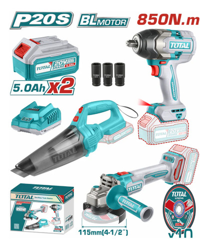 Combo Llave 850nm + Aspiradora + Amoladora 2x5.0ah Industria