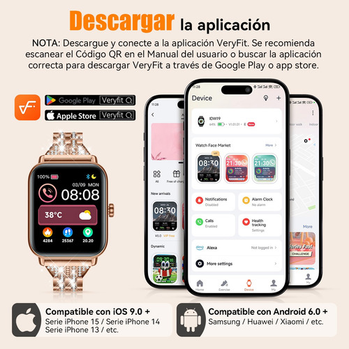 Reloj Inteligente Mujer, Smartwatch Alexa Incorporada, Smart Watch Con Llamada 1.8 Ip68 Para iPhone Android - Diamante