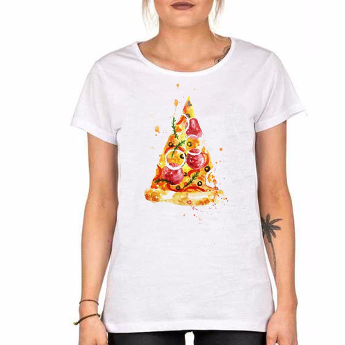Remera De Mujer Pizza Estilo Watercolor Porcion Comida Itali