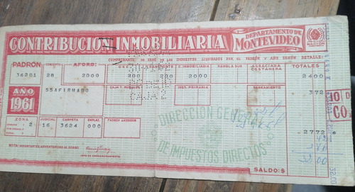 Antiguo Recibo Contribución Inmobiliaria Montevideo 1961