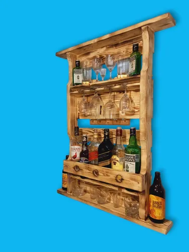 Bar Botellero En Madera Natural Quemado A Fuego