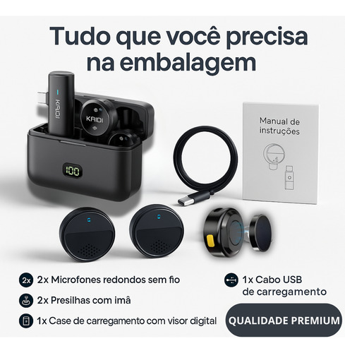 Microfone De Lapela Duplo Anti Ruído Sem Fio Redondo Premium