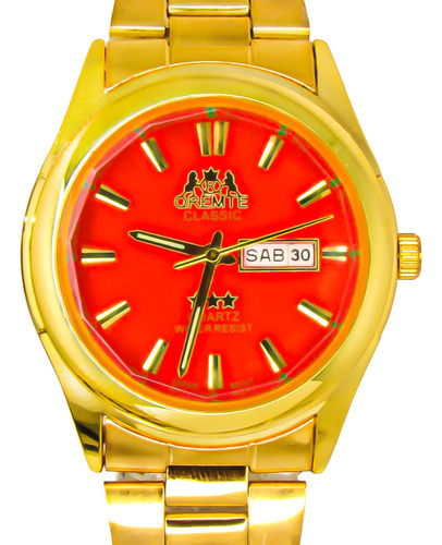 Relógio Masculino Oremte Com Marcador De Data Prova D'água Cor da correia Dourado/Vermelho