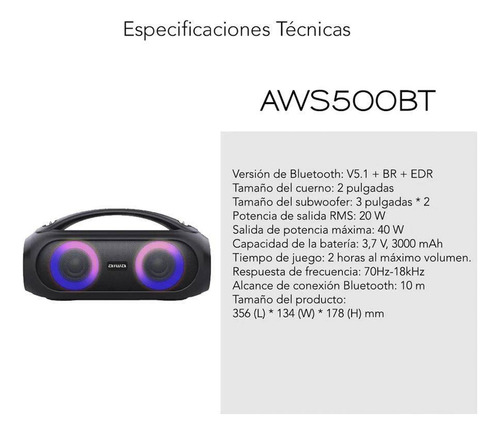Parlante Portátil Aiwa Aws500bt Bluetooth Tws 20 W Rms