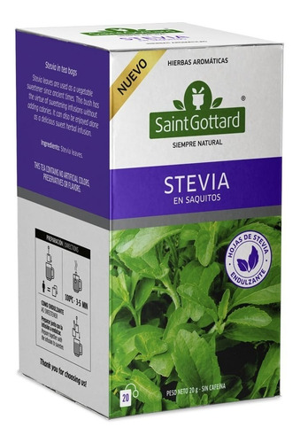 Infusión Stevia Saint Gottard X20 Saquitos Saint Gottard Stevia Saquitos de 1.5gr - Stevia Endulzante Natural - 20 - Unidad - 1