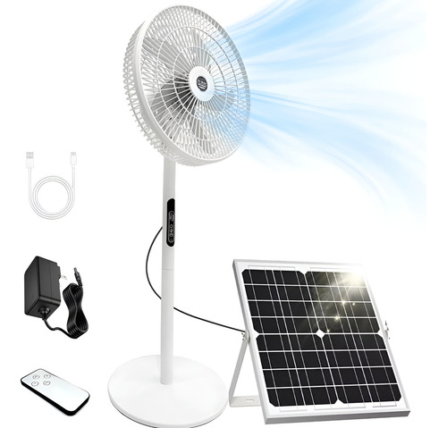 Ventilador Solar 16 Recargable De Batería Grande Silencioso Con 5 Aspas Y Usb,35000mah Ventilador Solar Recargable Con Control Remoto,Ventiladores De Piso Ajustable 16in Con Remoto 3 Vel,Blanco