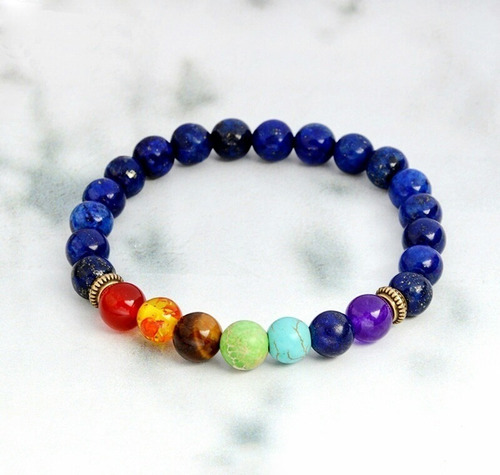 Pulsera De 7 Chakras En Fina Lapislázuli Y Piedra Volcánica