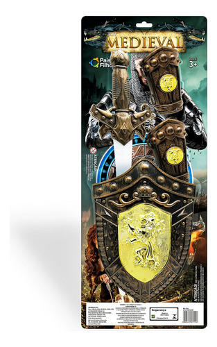 Kit Cavaleiro Medieval Espada, Escudo E Bracelete 3 Peças Cor Cobre-Ouro