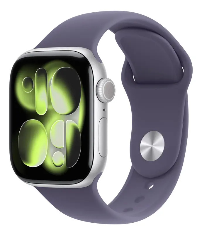 Apple Watch Series 11 GPS • Caja de aluminio color plata de 42 mm • Correa deportiva morado niebla – S/M