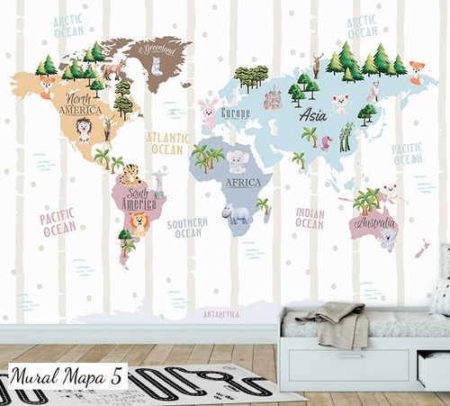 Vinilos Mural Mapa, Mapamundi Animales Deco Gigantografia