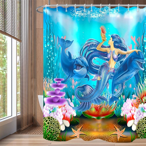 Cortina Ducha Diseño Sirena Juego Delfin Arrecife Colorido X