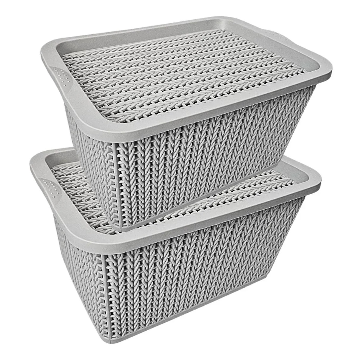 Set De 2 Canastas Organizadoras Tipo Rattan Con Tapa, Cestas De Almacenamiento Plásticas Multiusos Para Baño, Cocina Y Recámara, Cajas Organizadoras Apilables Con Asas, 23x15.5x14c