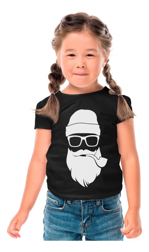 Playera Negra Infantil De Santa Hipster Manga Corta 