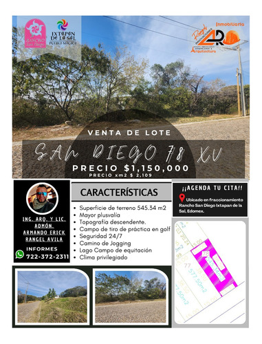 Venta Lote San Diego 78 Mz Xv Con Todos Los Servicios, Vistas Panorámicas Inigualables, Proyecto Arquitectónico Incluído Y Sobre Avenida Principal En Fracc Rancho San Diego Ixtapan De La Sal Edomex