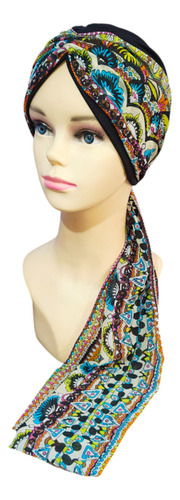 Turbante Oncológico Para Mujer De Algodón C/ Banda Mascada Color Negro Estampado Hip