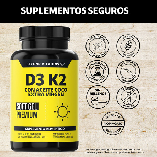 Beyond Vitamins | Vitamina D3 + Vitamina K2 | Cápsula Blanda Premium | Aceite De Coco Extra Virgen | Mct (trigliceridos) Para Mayor Absorción | Coconut Oil - 180 Cápsulas